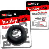 Oxballs Fit Bulge Hung-Style Cockring Black Fog displayed on packaging, emphasizing comfort and secure fit.