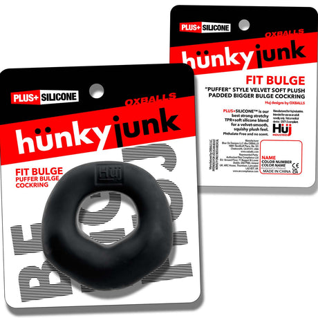 Oxballs Fit Bulge Hung-Style Cockring Black Fog displayed on packaging, emphasizing comfort and secure fit.