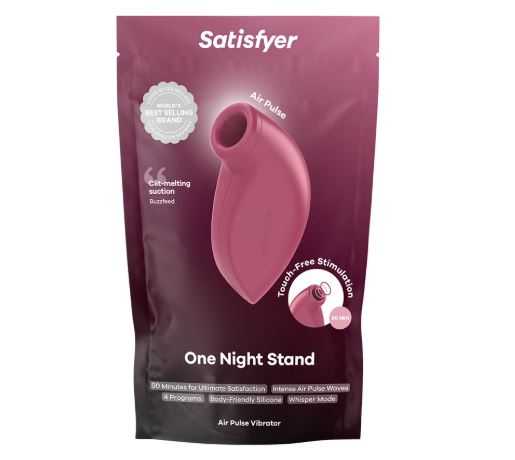Satisfyer One Night Stand Air Pulse Clitoral Stimulator packaging showcasing touch-free stimulation feature.
