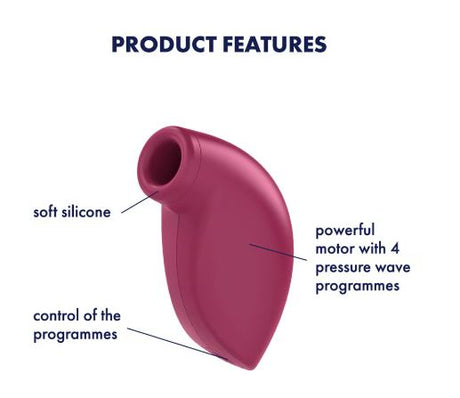 Features of Satisfyer One Night Stand Air Pulse Clitoral Stimulator, showcasing soft silicone and powerful motor.