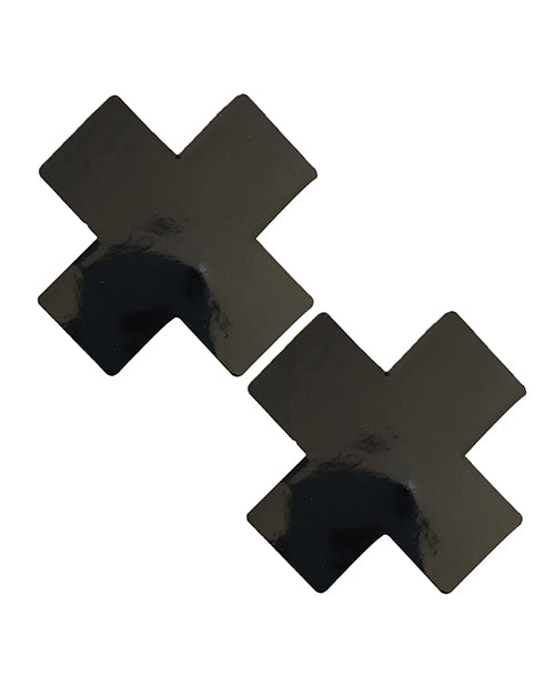 Neva Nude Dom Queen Status Wet Vinyl X Pasties Black QN in glossy vinyl X shape for confident coverage.