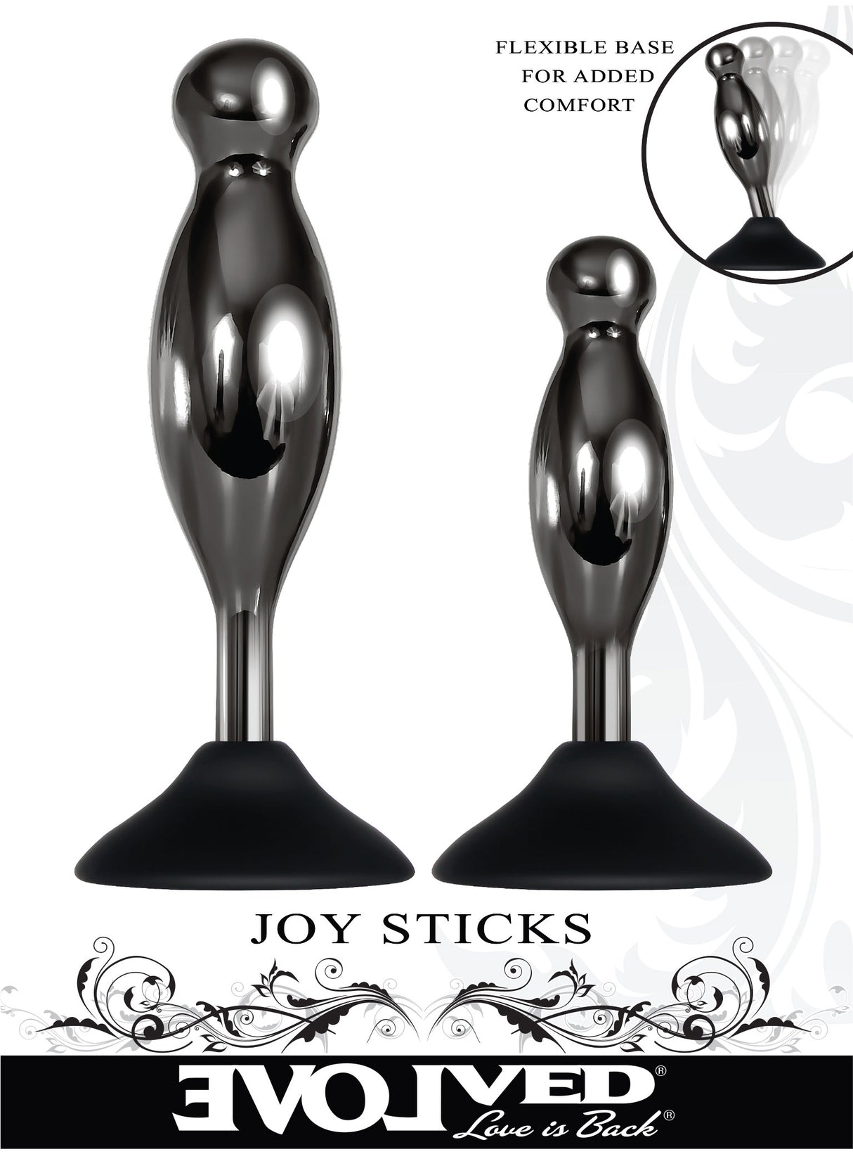 Evolved Joy Sticks 2 Piece Anal Plug Set Black Chrome showcasing sculpted plugs with flexible bases for comfort.