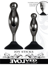 Evolved Joy Sticks 2 Piece Anal Plug Set Black Chrome showcasing sculpted plugs with flexible bases for comfort.