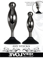 Evolved Joy Sticks 2 Piece Anal Plug Set Black Chrome showcasing sculpted plugs with flexible bases for comfort.