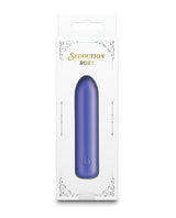 Seduction Roxy Rechargeable Silicone Bullet Blue in elegant packaging, showcasing its slim and discreet design.
