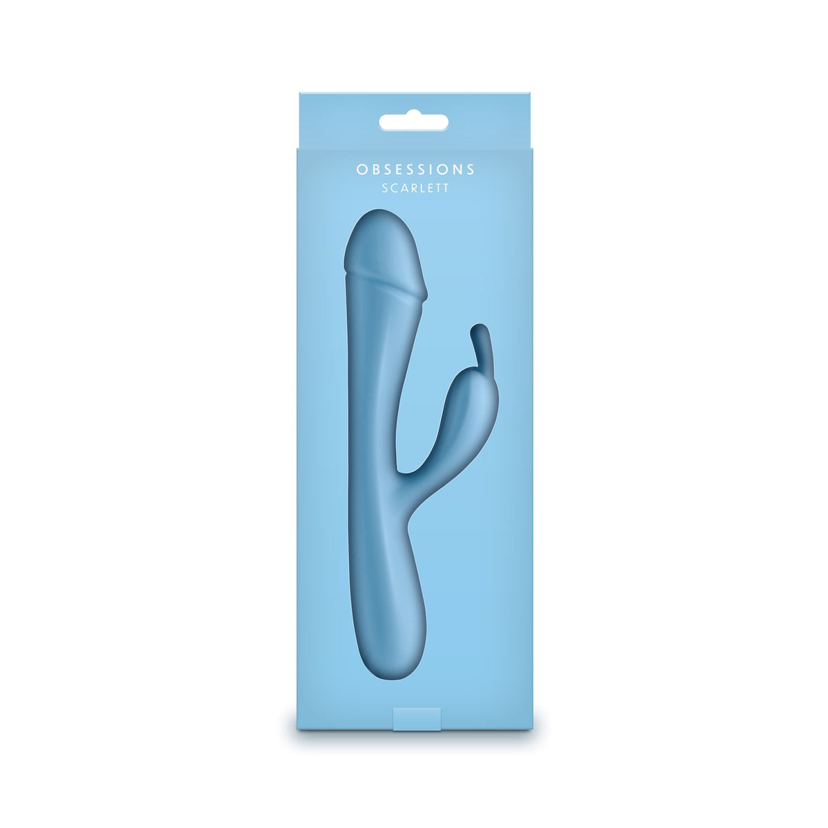 Obsessions Scarlett Light Blue Rabbit Vibrator in packaging, showcasing its sleek silicone design for dual stimulation.