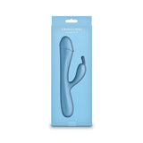 Obsessions Scarlett Light Blue Rabbit Vibrator in packaging, showcasing its sleek silicone design for dual stimulation.