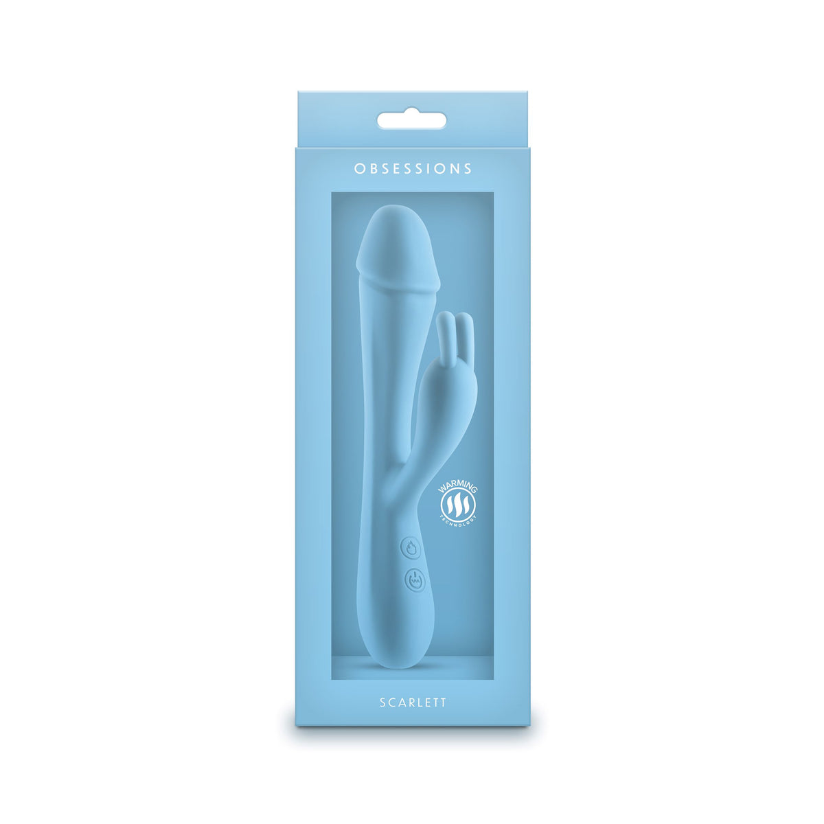Obsessions Scarlett Light Blue Rabbit Vibrator packaging showing its soft silicone design and dual stimulation features.