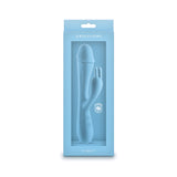 Obsessions Scarlett Light Blue Rabbit Vibrator packaging showing its soft silicone design and dual stimulation features.