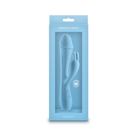 Obsessions Scarlett Light Blue Rabbit Vibrator packaging showing its soft silicone design and dual stimulation features.