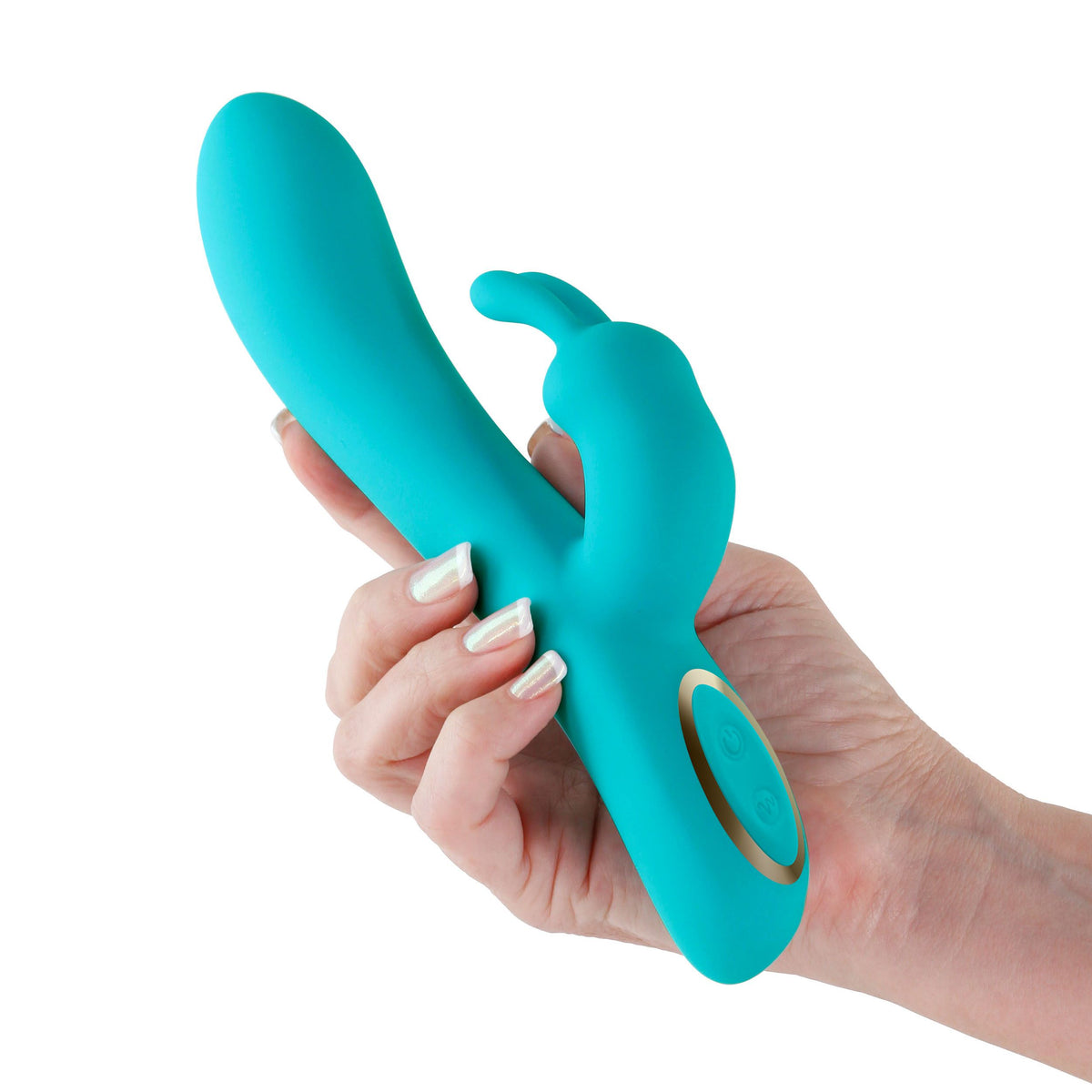 Obsessions Hera Silicone Rabbit Vibrator Light Green held in hand, showcasing its flexible design and dual stimulation features.