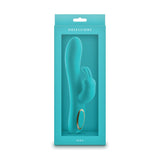 Obsessions Hera Silicone Rabbit Vibrator Light Green in vibrant packaging featuring a smooth silicone design.