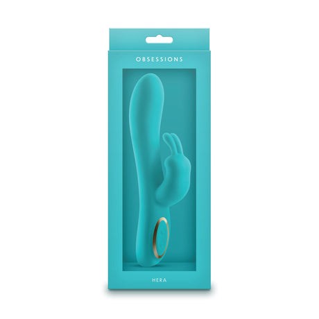 Obsessions Hera Silicone Rabbit Vibrator Light Green in vibrant packaging featuring a smooth silicone design.