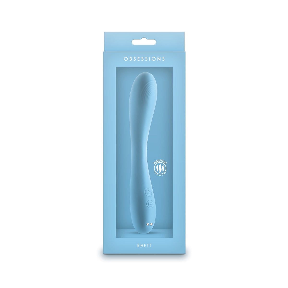 Obsessions Rhett Light Blue Warming G-Spot Vibrator packaging showcasing its sleek design and warming technology.