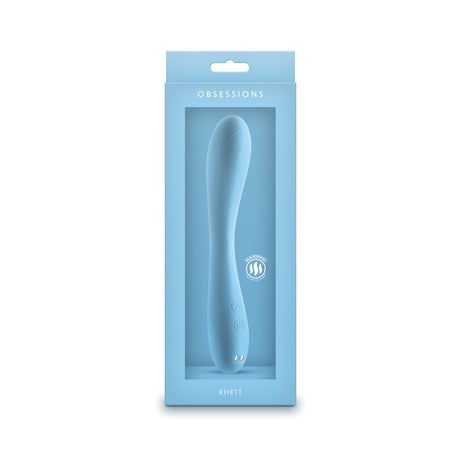Obsessions Rhett Light Blue Warming G-Spot Vibrator packaging showcasing its sleek design and warming technology.