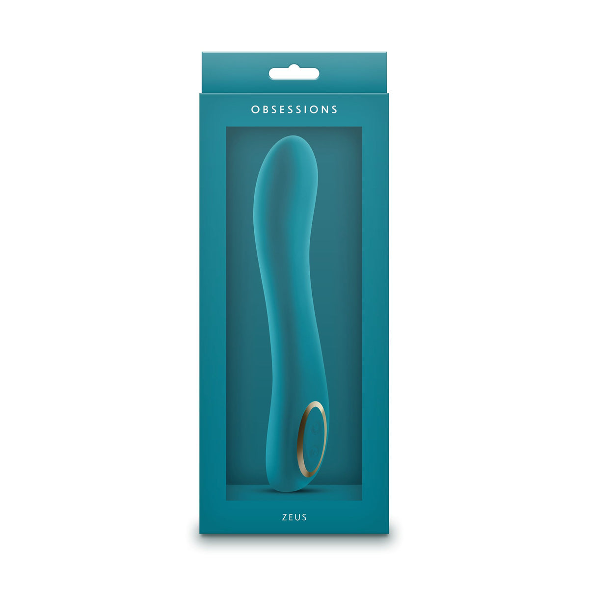 Obsessions Zeus Silicone G-Spot Vibrator Dark Green in its packaging, showcasing a sleek design.