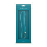 Obsessions Zeus Silicone G-Spot Vibrator Dark Green in its packaging, showcasing a sleek design.