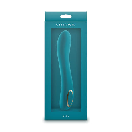 Obsessions Zeus Silicone G-Spot Vibrator Dark Green in its packaging, showcasing a sleek design.