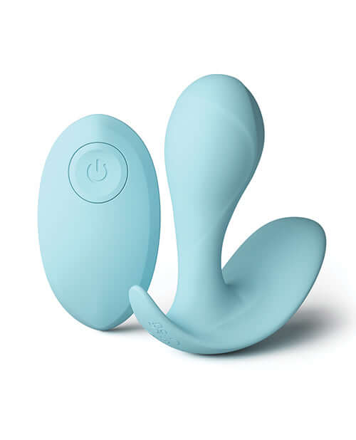 Minnies Pop Panty Vibe with Remote Blue, a flexible, discreet vibrator in a pastel blue color with a remote control.
