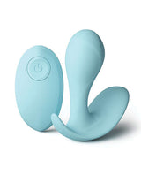 Minnies Pop Panty Vibe with Remote Blue, a flexible, discreet vibrator in a pastel blue color with a remote control.