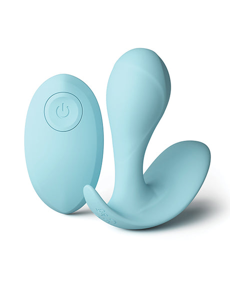 Minnies Pop Panty Vibe with Remote Blue, a flexible, discreet vibrator in a pastel blue color with a remote control.