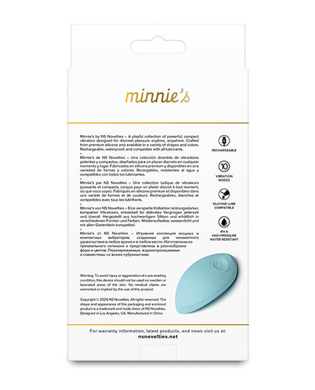 Minnies Pop Panty Vibe with Remote Blue packaging showing features, including rechargeable and silicone materials.