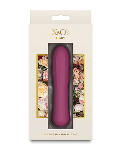X & Os Tempt Silicone Rechargeable Vibe Berry in elegant packaging with floral design.