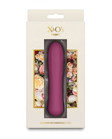 X & Os Tempt Silicone Rechargeable Vibe Berry in elegant packaging with floral design.