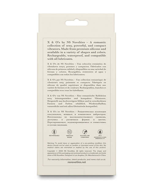 X & Os Tempt Silicone Rechargeable Vibe Berry packaging, showcasing features and benefits of the vibrator.