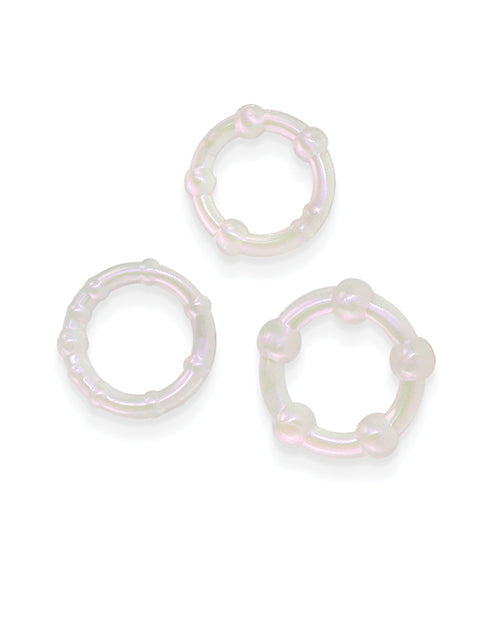 Fantasia Intensity Cock Rings Pearl in three flexible, shimmering designs for enhanced pleasure.