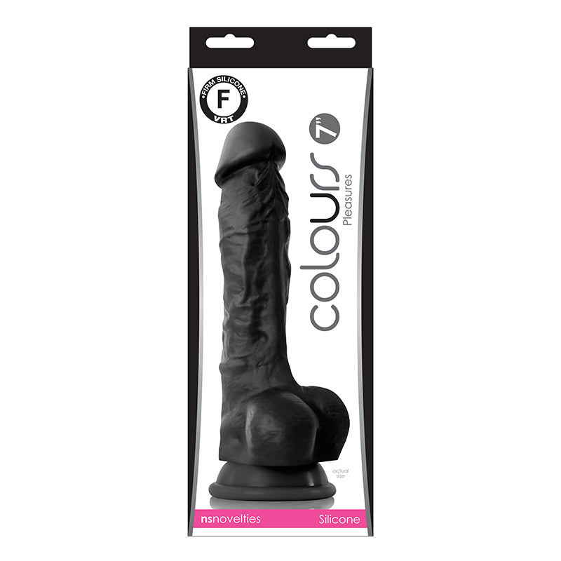 Colours Pleasures 7 Inch Silicone Dildo Black in packaging, showcasing its realistic design and firm silicone material.