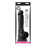 Colours Pleasures 7 Inch Silicone Dildo Black in packaging, showcasing its realistic design and firm silicone material.
