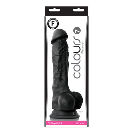 Colours Pleasures 7 Inch Silicone Dildo Black in packaging, showcasing its realistic design and firm silicone material.