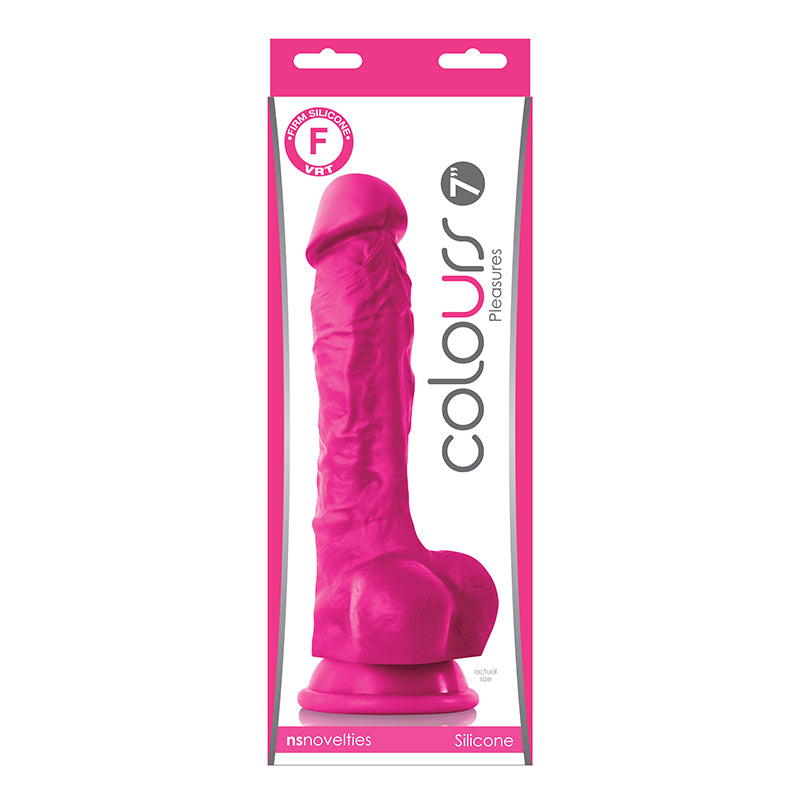 Colours Pleasures 7 Inch Silicone Dildo Pink in packaging, featuring a lifelike design with defined head and sculpted balls.