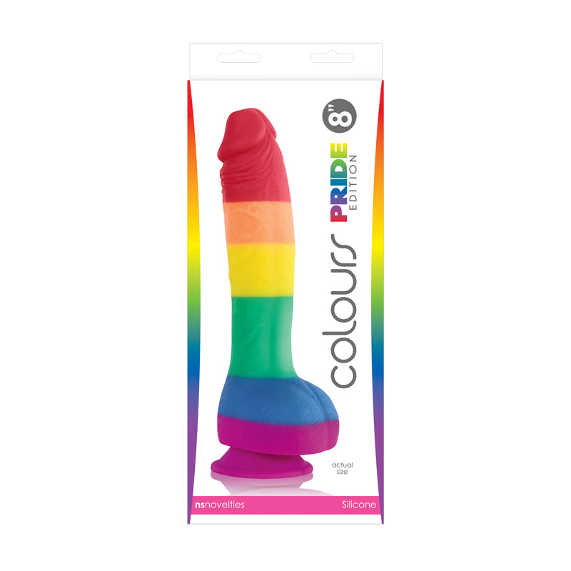 Colours Pride Edition 8 Inch Silicone Dildo Rainbow in vibrant colors, showcasing lifelike detail and playful design.