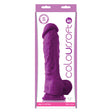 Coloursoft 8 Inch Soft Silicone Dildo Purple displayed in its packaging, showcasing realistic design and soft texture.