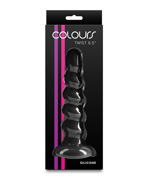 Colours Twist Silicone Dildo 6.5 inches Black packaging display with contoured design.