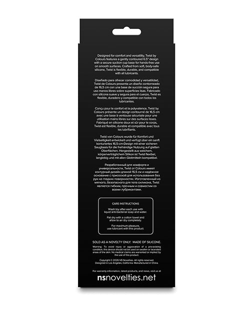 Colours Twist Silicone Dildo 6.5 inches Black packaging back view with care instructions.