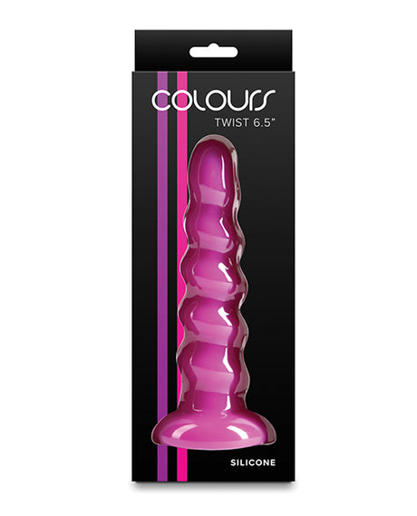 Colours Twist Silicone Dildo 6.5 inches Purple in packaging, designed for comfort and versatility.