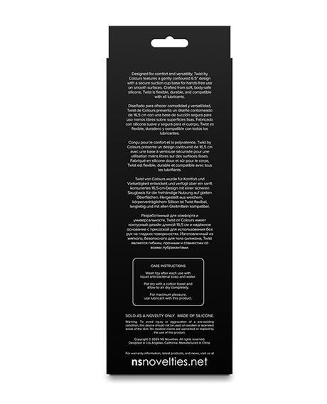 Back packaging of the Colours Twist Silicone Dildo 6.5 inches Purple with instructions and details.