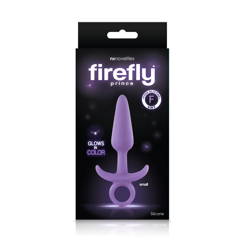 Firefly Prince Small Purple Butt Plug packaging, featuring a glow-in-the-dark silicone design from NS Novelties.
