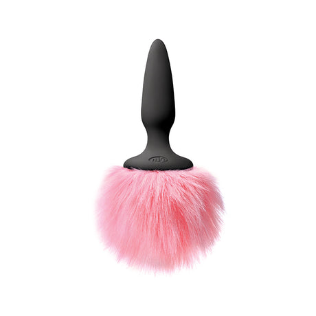 Bunny Tails Mini Silicone Butt Plug Pink Fur with a fluffy pink tail and tapered silicone base.