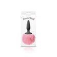 Bunny Tails Mini Silicone Butt Plug Pink Fur packaging featuring a black tapered plug with a fluffy pink tail.