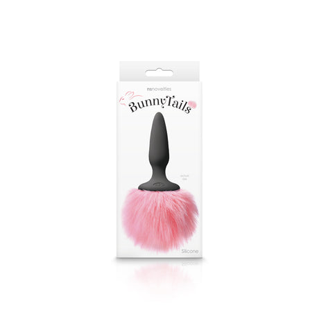 Bunny Tails Mini Silicone Butt Plug Pink Fur packaging featuring a black tapered plug with a fluffy pink tail.
