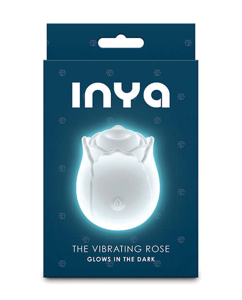 INYA The Vibrating Rose Massager Glow packaging displaying a glowing rose design on a blue background.