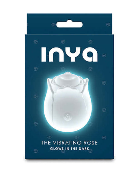 INYA The Vibrating Rose Massager Glow packaging displaying a glowing rose design on a blue background.