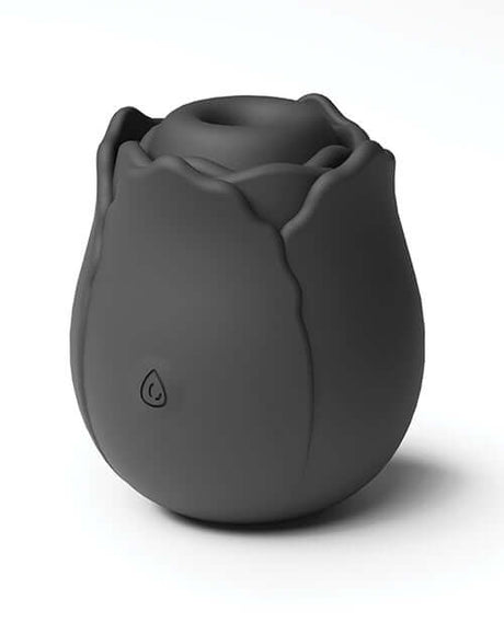 INYA The Vibrating Rose Massager Black with a petal design, made of smooth silicone, showcasing its innovative air technology.
