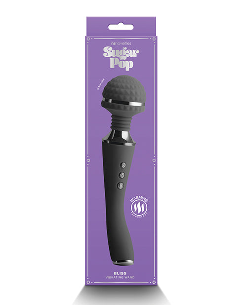 Sugar Pop Bliss Warming Wand Vibrator Black in stylish packaging, showcasing sleek design and functionality.