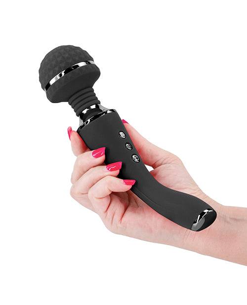 Sugar Pop Bliss Warming Wand Vibrator Black held in a hand, featuring a sleek design and textured head.