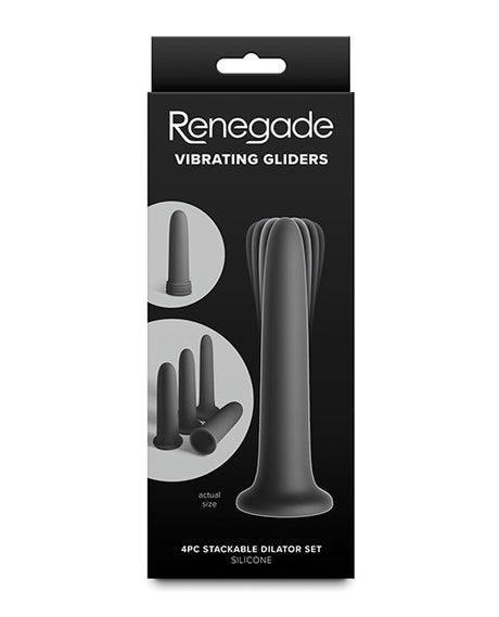 Renegade Vibrating Dilators Black packaging featuring a 4-piece stackable dilator set in silicone.